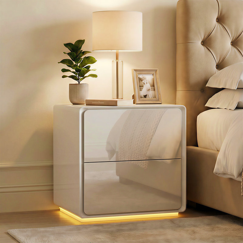 Table de chevet moderne à 2 tiroirs ultrabrillante avec lumière DEL chaude