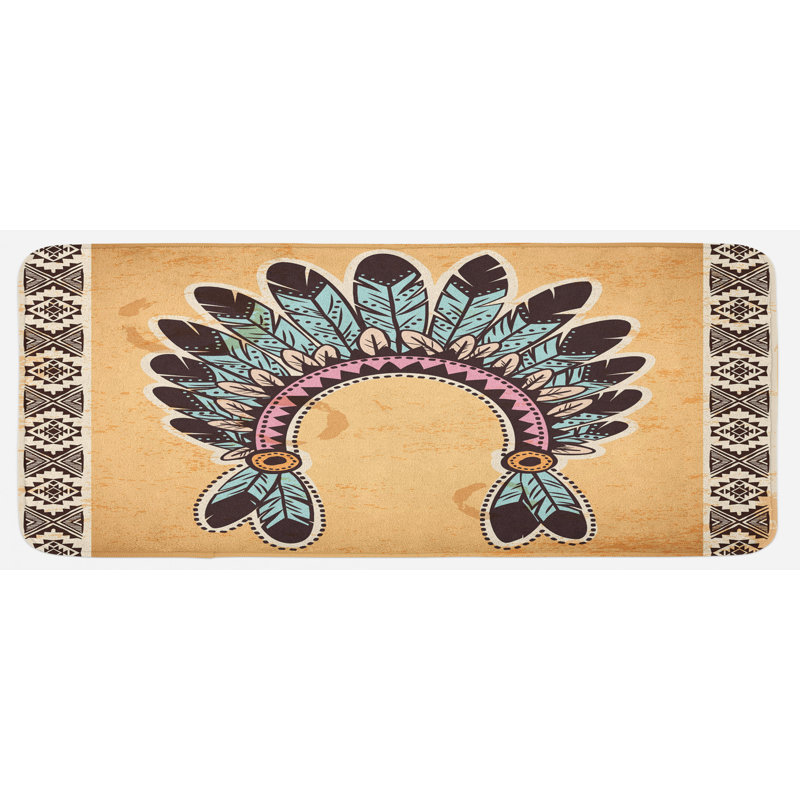 Tapis de cuisine bleu pâle serre à plumes sur fond rétro folk aztec