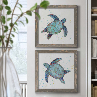Bubble Blue Turtle I - ensemble de 2 peintures sur toile encadrées