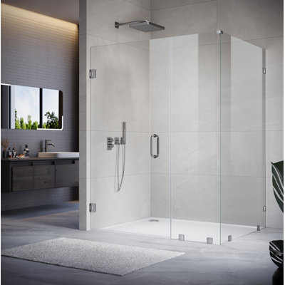 UKH07 52-1/8 to 53 in. W X 39 in. D X 80 in. H Frameless Hinged Shower Door in Brushed Nickel with EnduroShield 3/8 in. Clear Glass with 28 in. Door Panel