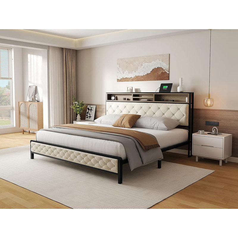 King Size Bed Frame, Platform Bed Frame with Charging Station, Upholstered Storage Headboard & Footboard Metal Slats Supports Mattress Foundation, No Box Spring Needed, Beige(No Drawers)