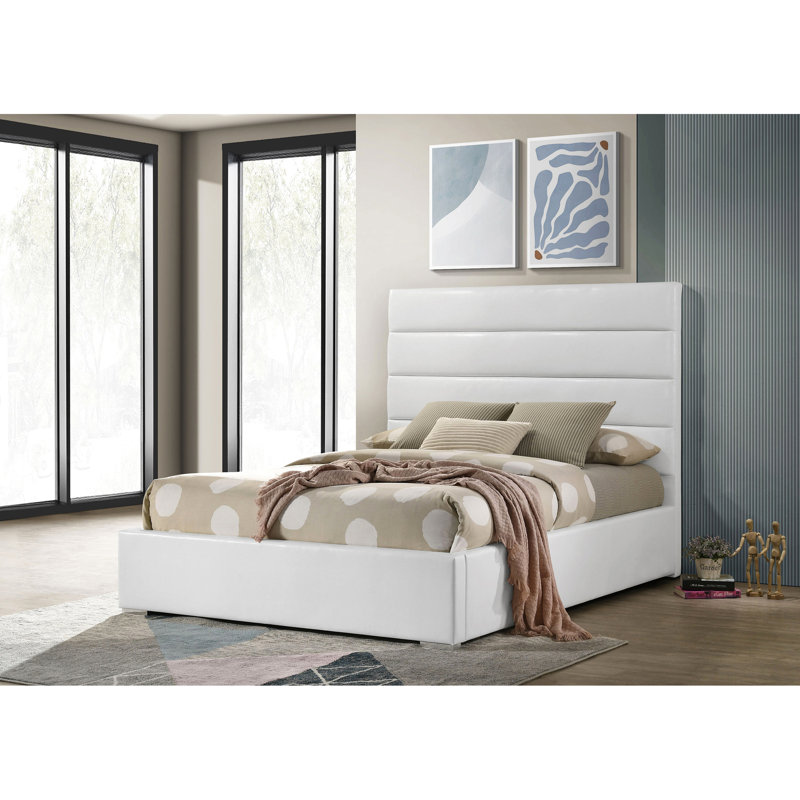 Lit double tapissier double avec tête de lit horizontale blanche, système de support à lattes, bois d'ingénierie et métal, capitonnage moderne, cadre de conception