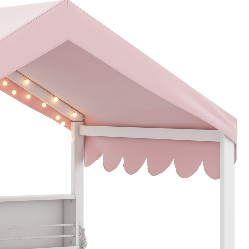 Floor House-Shaped Wooden Daybed With Fence, Shelves And LED Light, White/Pink