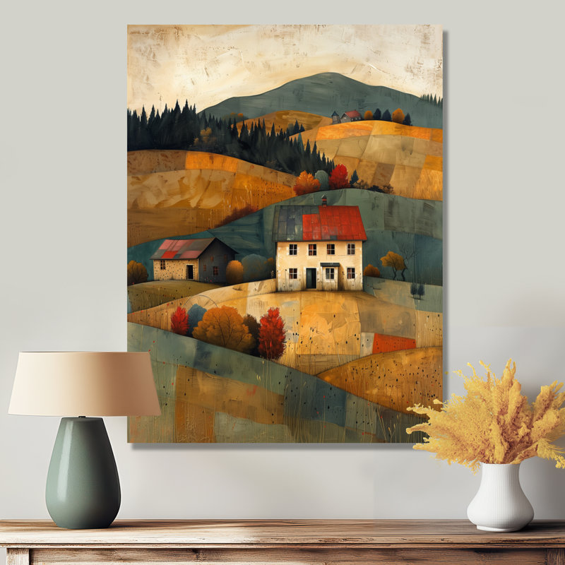  «Brun vert automne campagne à la maison au coucher du soleil II - ferme, art mural, Cadre flottant brun, H 32 po x l 16 po
