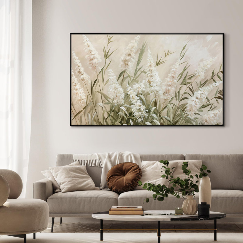 Extra Large Wall Art Fabric Print - Neutral Grass and White Flower Illustrations Artwork Decor for Living Room or Bedroom - "Frame Assembly Required (Unfinished Frame)"