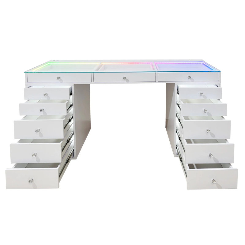 Table de coiffeuse Slaystation Radiant Pro 2.0 avec lumière RVB, coiffeuse de maquillage avec plateau en verre transparent et boutons en faux cristal luxueux, ensemble de meuble-lavabo à 5 tiroirs blanc