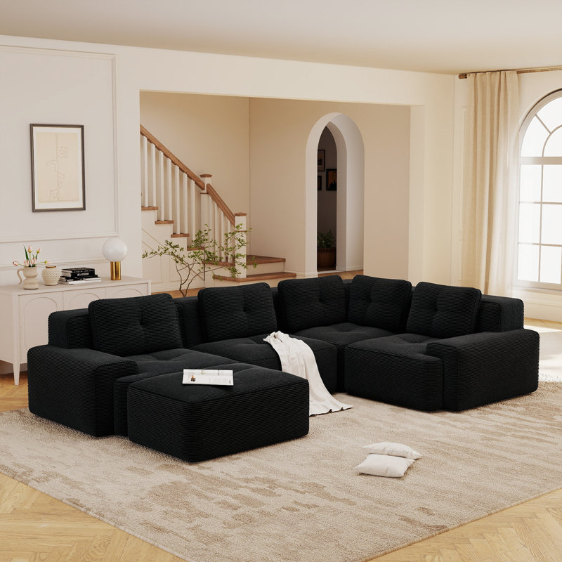 Ensemble de salon modulaire 4 places avec repose-pieds, canapé modulaire en velours côtelé profond, sans assemblage, noir