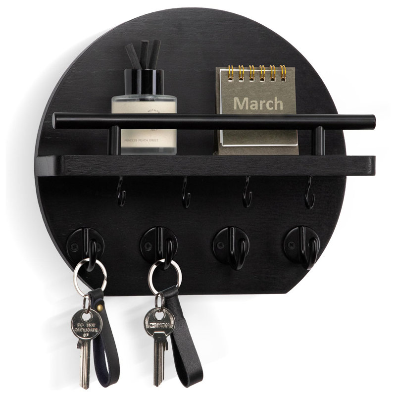Manufactured Wood Wall Organizer with Key Hooks, Black