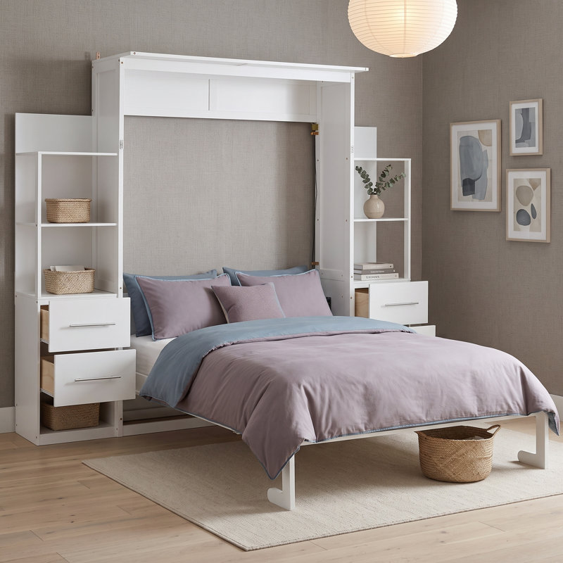 Lit escamotable 4 tiroirs avec tablettes et éclairage DEL, conception pliable peu encombrante, Full / Double, Blanc