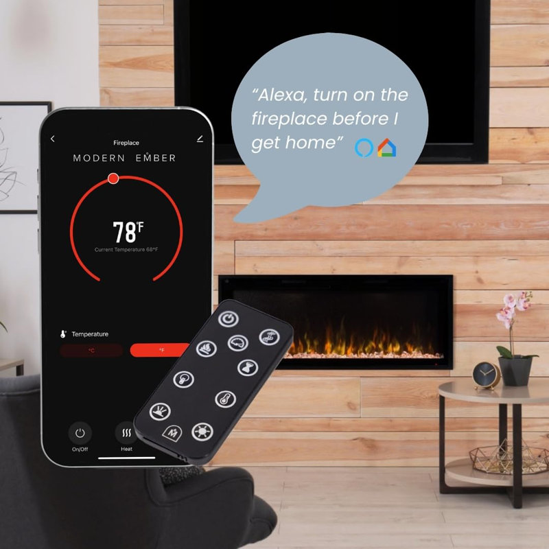 Modern Ember Aerus Smart Linear Electric Fireplace - Recessed In-Wall And Wall-Mount, Multiple Flame Colors, Works With Alexa And Google Assistant