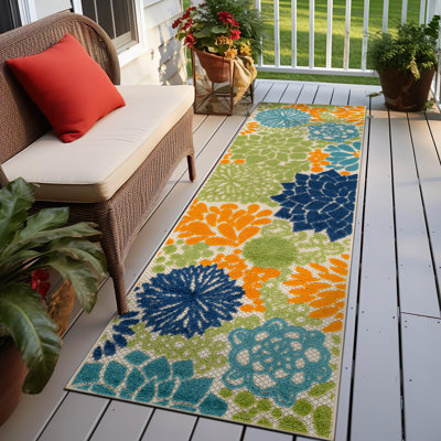 Floral Beige/Navy/Teal/Green/Orange Indoor/Outdoor High-Low Area Rug