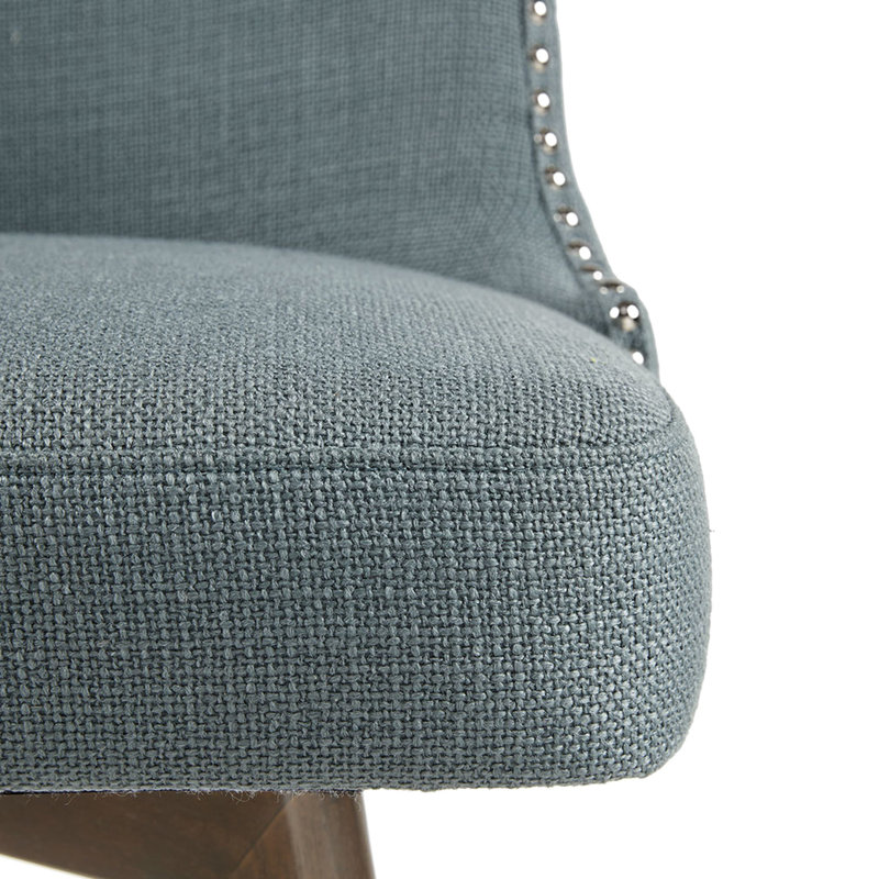 Tabouret de comptoir pivotant en tissu bleu, pieds en bois massif, repose-pieds argent poli, assemblage requis avec siège en anneau en métal