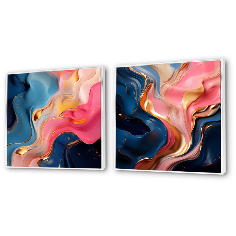 «Pink and Gold», encre liquide abstraite I - ensemble de 2 reproductions d'art sur toile, Cadre blanc