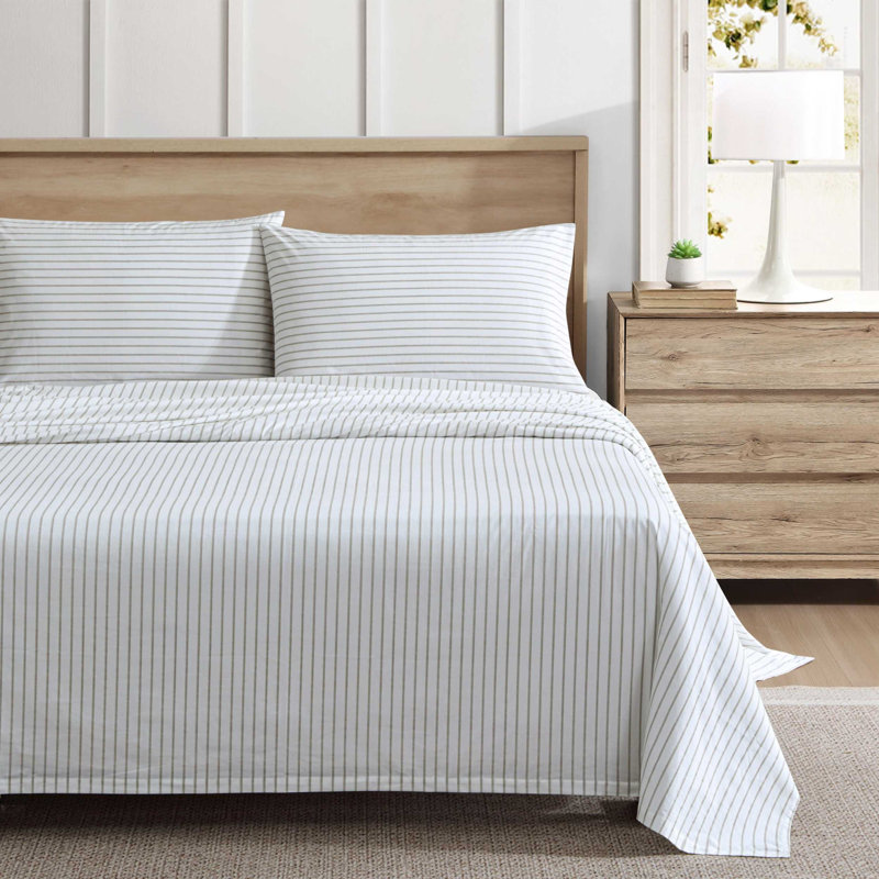 Shasta Lake Cotton Percale Standard Sheet Set, Queen Sheet Set with 2 Pillowcases, Essential Stripe Beige