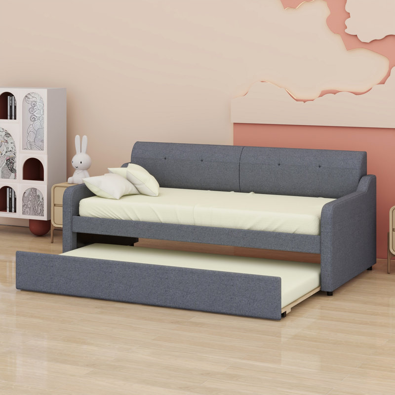 Upholstery Daybed With Trundle And USB Charging Design,Trundle Can Be Flat Or Erected, Gray