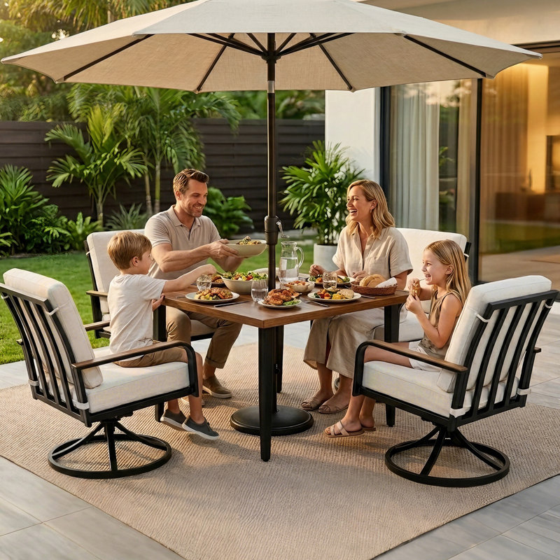  5 Piece Modern Outdoor Dining Sets With Swivel Rocker Chairs & Faux Woodgrain Dining Table, Beige