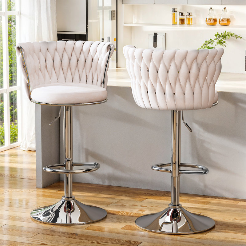 White Bar Chair 2-Piece: Woven Design Backrest, Adjustable Height, 360 Degree Rotation, Stable Footrest, Circular Metal Base