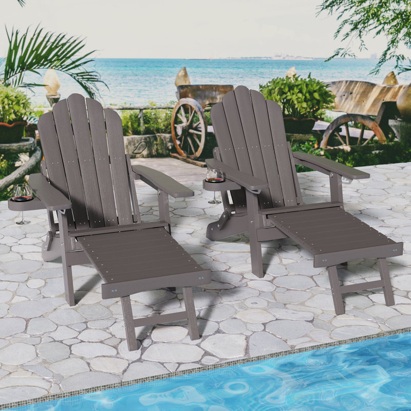 Chaise Adirondack avec repose-pieds rétractable, chaise pliante résistante aux intempéries avec support pour gobelets, Café