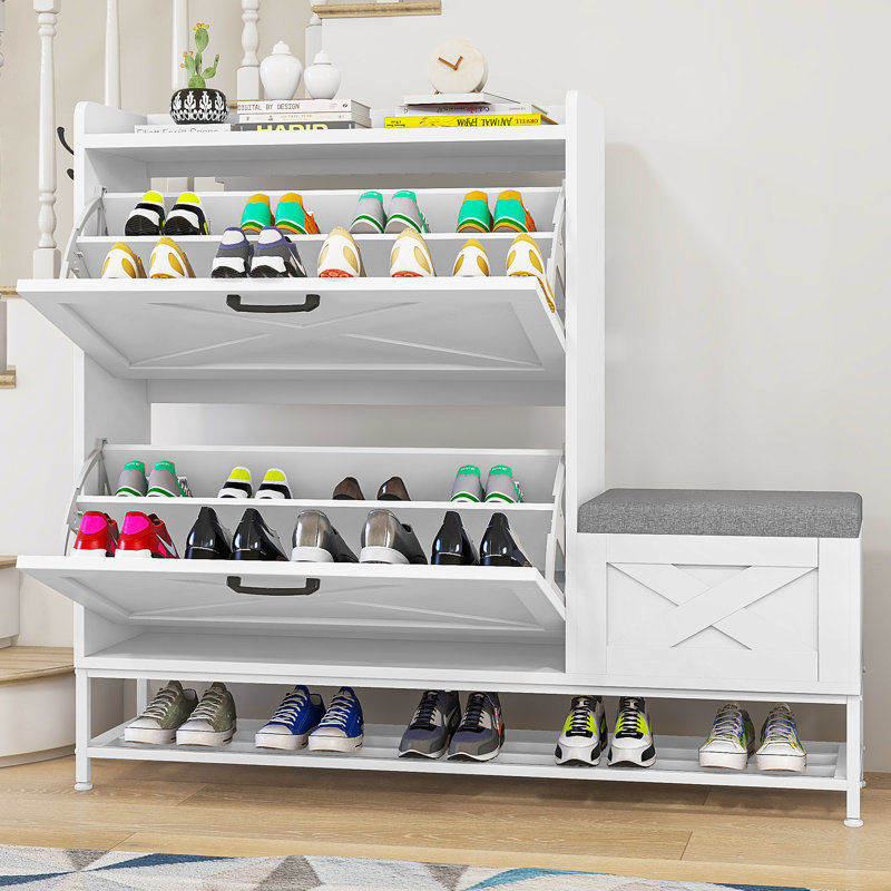 16 Pairs Farmhouse Shoe Storage Cabinet with Shoe Bench, White