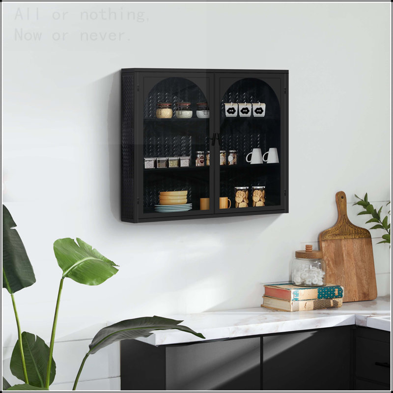 27.56'' Glass Door Wall Cabinet with Woven Pattern, Black