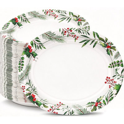 10 x 12 Inch Oval Disposable Christmas Paper Plates, Holly Berry Printed Holiday Party Dinner Plates