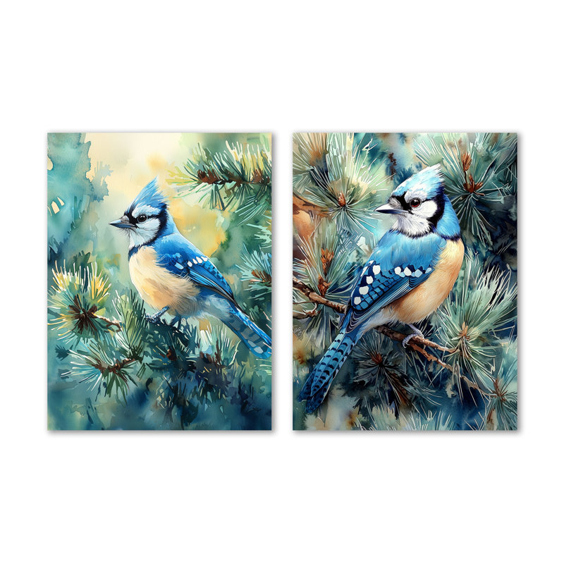 «Blue Jay parmi les pins», reproduction d'art en métal 2 pièces, 32" H x 48" W