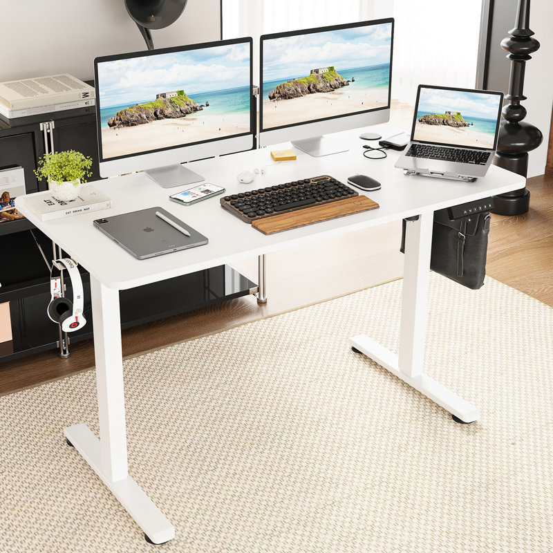Bureau pour travailler debout électrique à hauteur réglable avec plissoir pour bureau à domicile, 40 po x 24 po, ton de bois blanc, forme rectangulaire, réglage manuel, base en forme de T, conception ergonomique, supporte 80 kg, multicolore