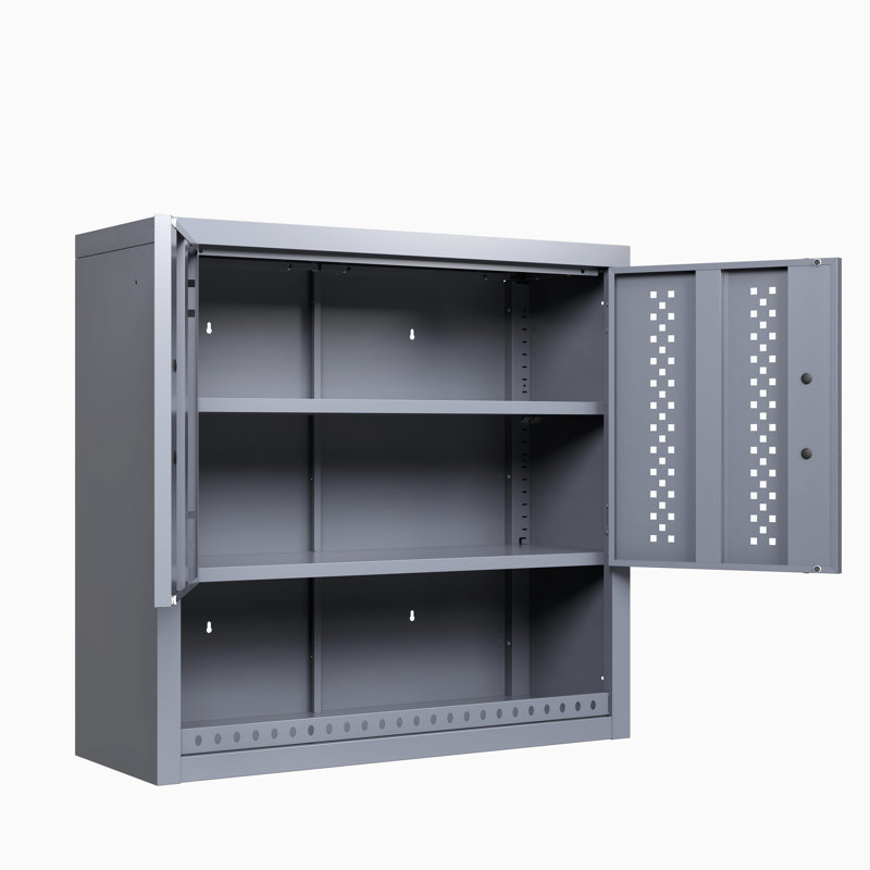 29.76" H Gray Steel Garage Cabinet With Door, Wall - Mounted For Kitchens, Basements, Warehouses, Quick Setup, Flexible Shelf Customization Tool H, Metal Removable Shelves, Smooth Opening Hinge System