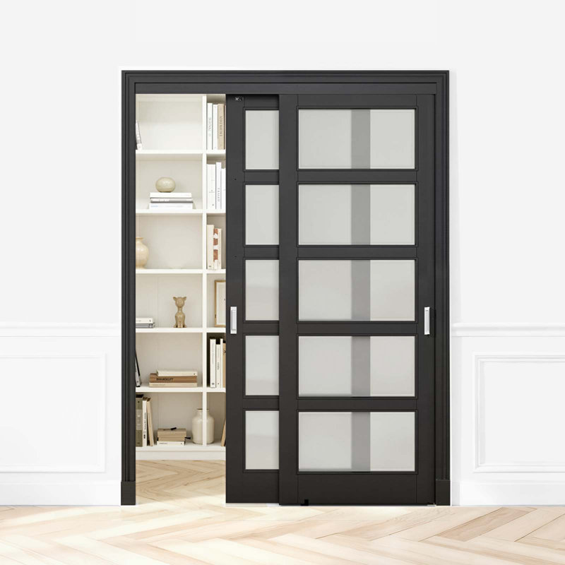Ensemble de quincaillerie de porte coulissante de dérivation, quincaillerie de porte de contournement à double rail en alliage d'aluminium de 5 pi, coulissante douce et silencieuse, facile à installer, pour un système de 2 portes d'une épaisseur de 1 po à 1 3/4 po d'épaisseur et de 30 po de largeur, pour placard
