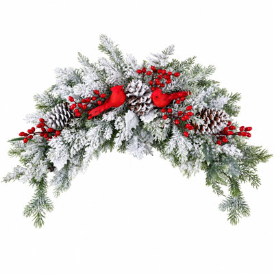 23.6" Arch Christmas Wreath with Red Cardinal Birds, Berries and Pinecones, Faux Evergreen Door Swag for Farmhouse Holiday Home Decor