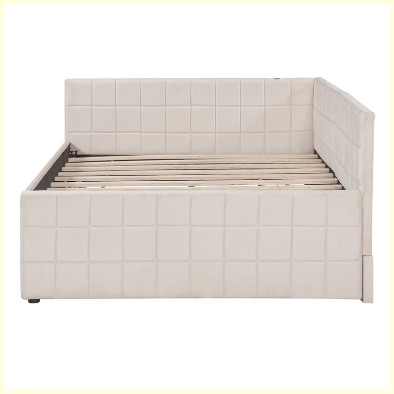Lit de jour rembourré en L moderne avec lit gigogne Pop Up, Beige