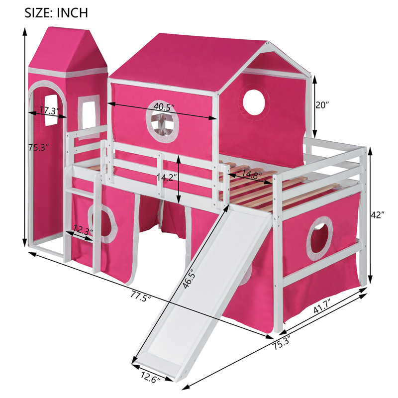 Lit mezzanine une place avec glissade, tente et tour, cadre de lit pour enfant, rose