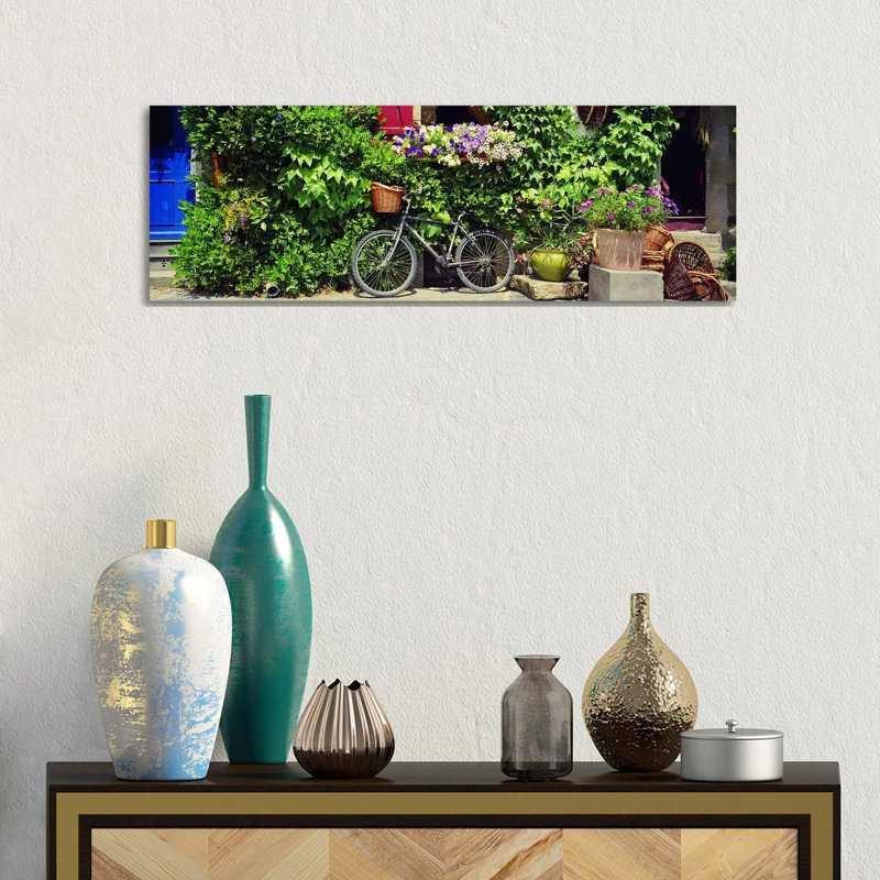 Bicycle Against A Wall Covered With Plants And Flowers, Rochefort-En-Terre, Brittany, France - Wrapped Canvas Panoramic Print
