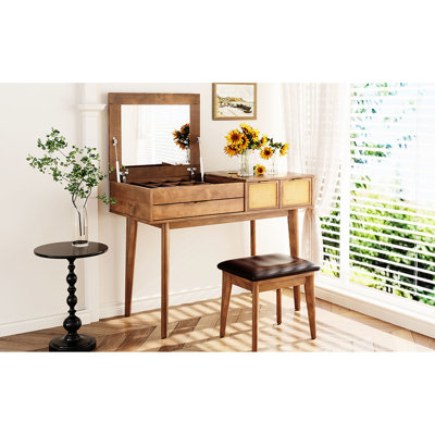 Meuble-lavabo classique en bois brun 43,3 po avec miroir rabattable, tabouret et trois tiroirs