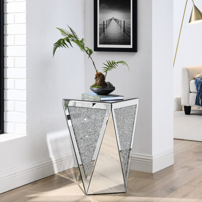 Table basse inversée triangulaire en miroir avec incrustations de diamants en cristal