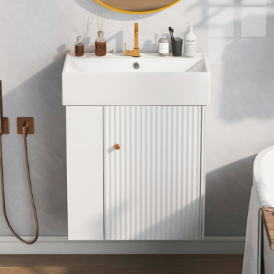 Meuble-lavabo de salle de bain avec lavabo en céramique 21,6 po - Compartiment de rangement du côté gauche, style contemporain, support de lavabo blanc, style moderne,