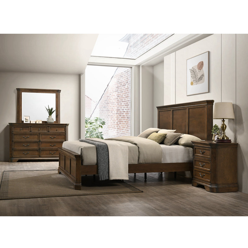 4-Pieces Traditional Wood Panel Bed with Dresser, Mirror, Nightstand, King
