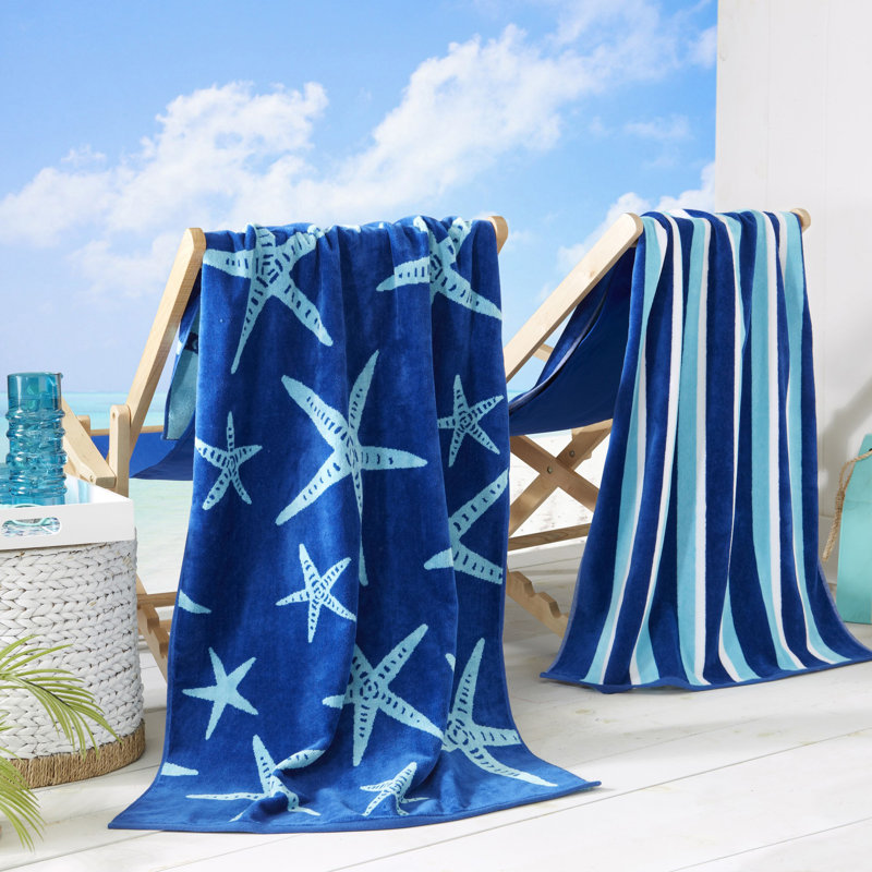Serviettes de plage 100% jacquard 100% coton, Bleu marine / bleu royal étoile de mer et rayures
