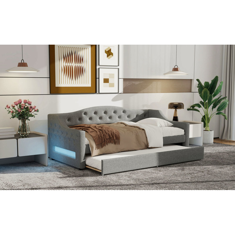 Upholstered Twin Xl Size Daybed With Led Belt And Trundle, Gray