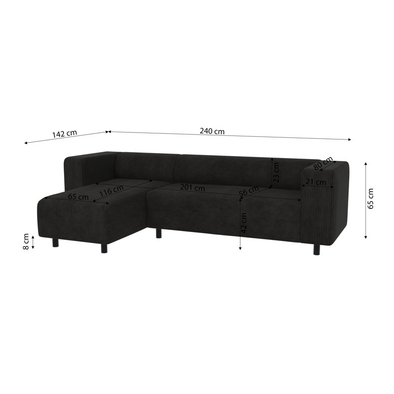 Sofie 4 Seater Corduroy Corner Sofa , Black, Left Hand Facing