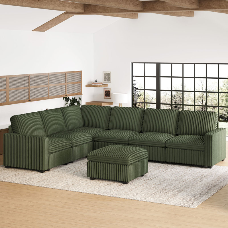 U-Shaped Stoarge Sofa Convertible Oversized Livingroom Couch, Green Corduroy