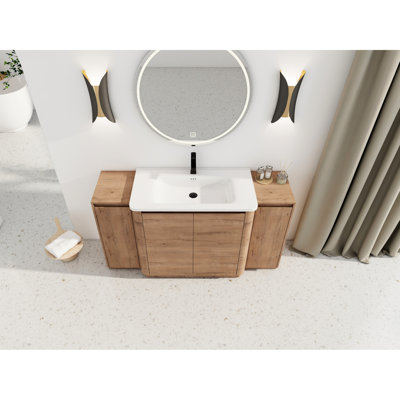 60'' Freestanding Bathroom Vanity With White Ceramic Sink And 2 Small Storage Areas - Imitative Oak Look, Easy Maintenance Zones Soft-Close Hinges, Rounded Edge Comfort