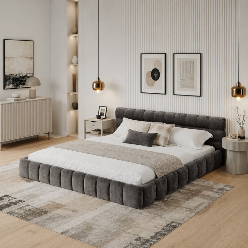 Lit plateforme tapissier avec tête de lit California King Chenille, Gris foncé