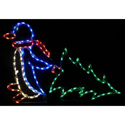 Penguin Pulling Christmas Tree Holiday Lighted Display
