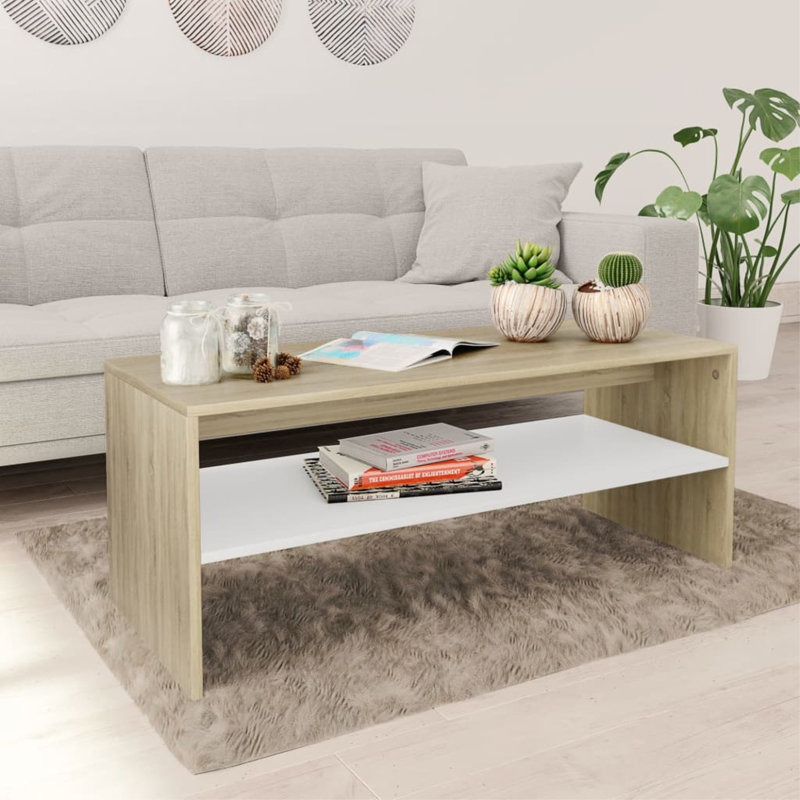 Table basse simple avec cadre en bois d'ingénierie avec rangement, Chêne/Blanc