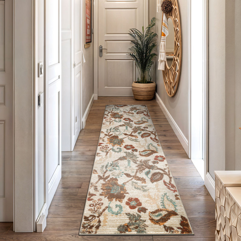 Beige Multi Botanical Scroll Area Rug, Runner 2'2" x 12'