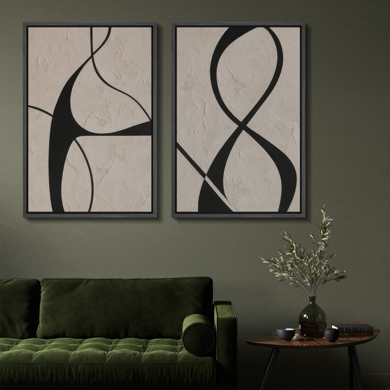 «NO TEXTURE PRINT», ligne noire, courbes abstraites sur motif minimaliste beige - impression sur toile encadrée 2 pièces