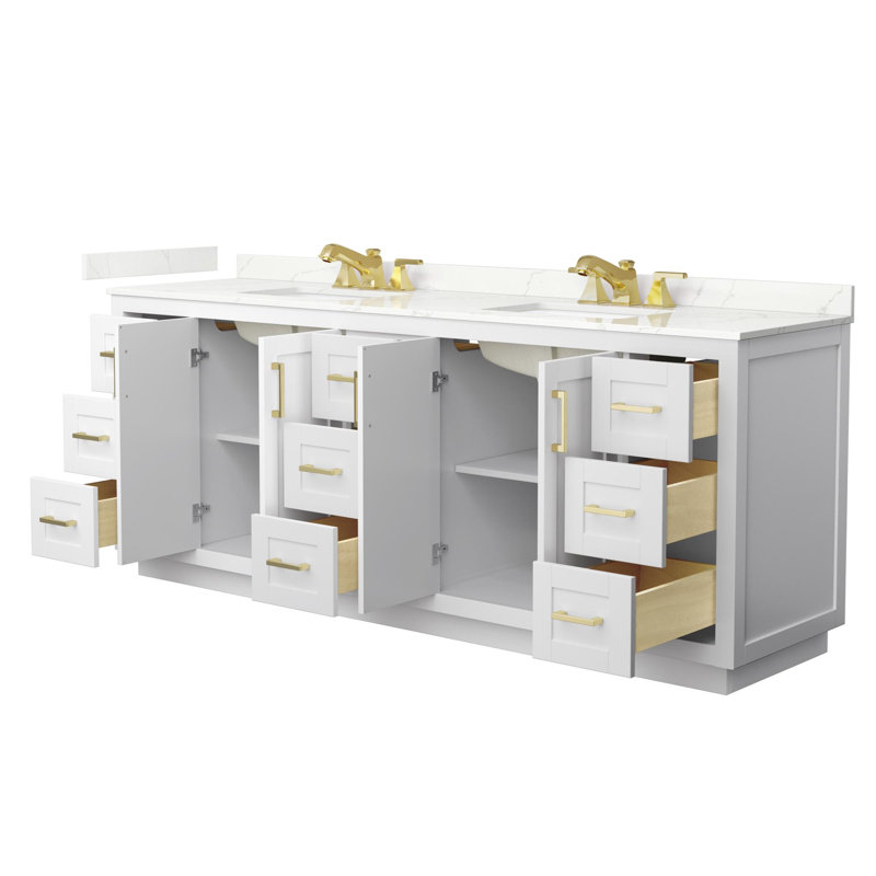 Miranda 84" Freestanding Double Bathroom Vanity with Quartz Top, Giotto Quartz, White, Brushed Gold