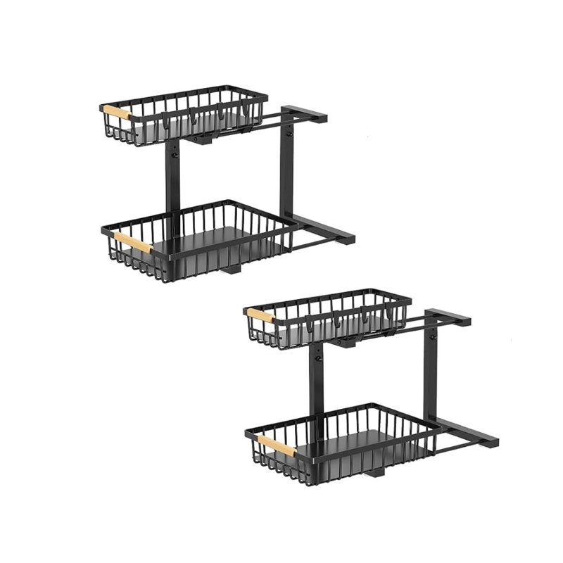 Kitchen 2 Pack Under Sink Storage, Two Tiers Under Sink Organiser, Black