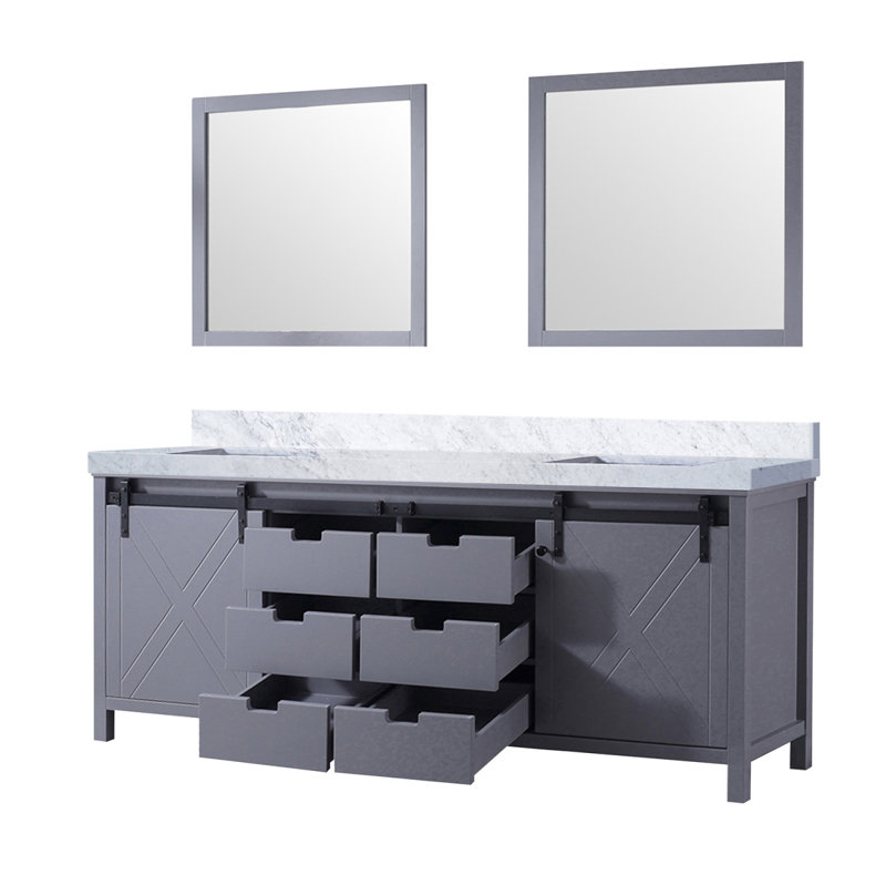 Dark Grey Double Bath Vanity 84 in. W x 22 in. D, Carrara Marble Countertop and 34 in. Mirrors